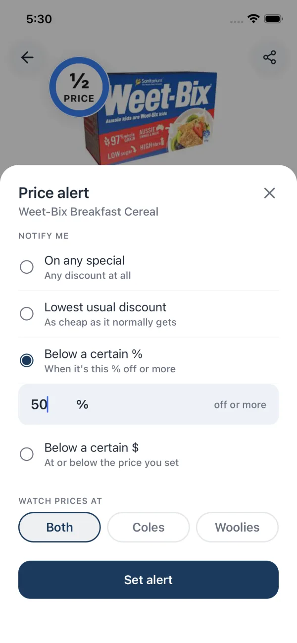 StockUp price alert sheet with options for any special, a set percentage off, or a set price, at Coles, Woolworths or both
