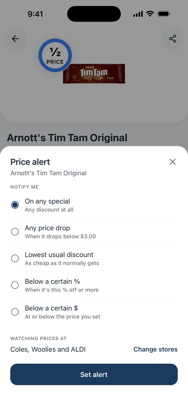 StockUp price alert rules for a special, price drop, usual discount, percentage off or target price at Coles, Woolworths and ALDI.