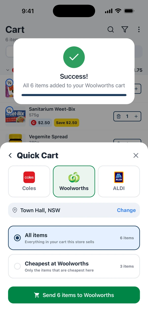 Quick Cart’s retailer and scope choices, with six items selected and confirmation that all six were added to the Woolworths cart.