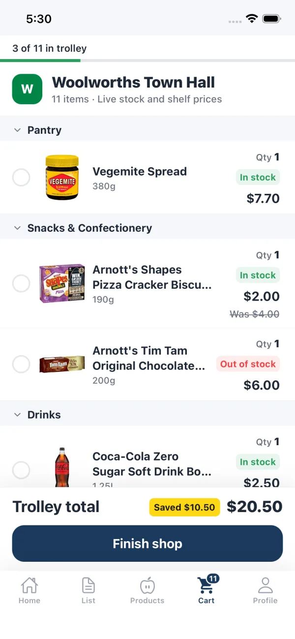Smart Shop checklist with live shelf prices and stock, one item marked out of stock, and a running trolley total