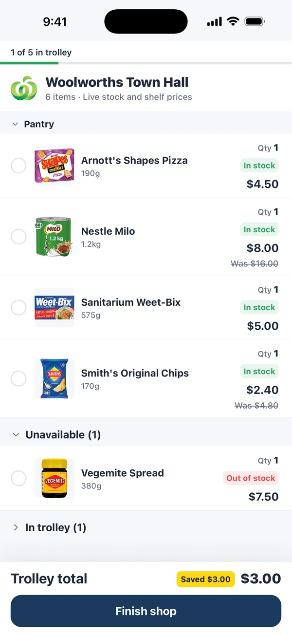 Smart Shop at Woolworths Town Hall, showing shelf prices, available items, one out-of-stock item and a running trolley total.